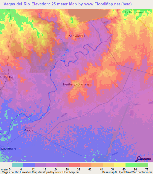 Vegas del Rio,Cuba Elevation Map