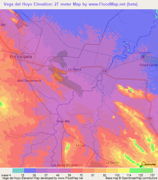 Vega del Hoyo,Cuba Elevation Map