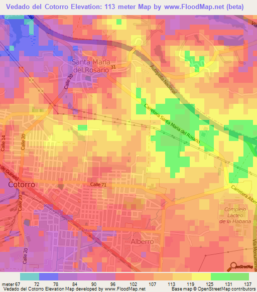Vedado del Cotorro,Cuba Elevation Map