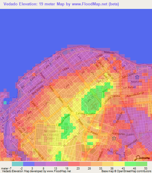 Vedado,Cuba Elevation Map