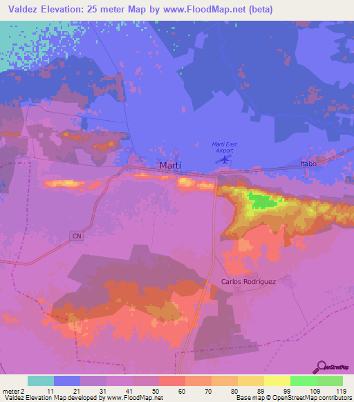 Valdez,Cuba Elevation Map