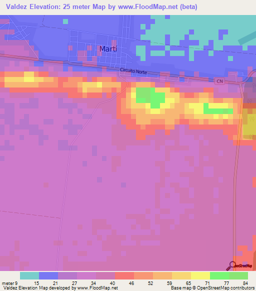 Valdez,Cuba Elevation Map