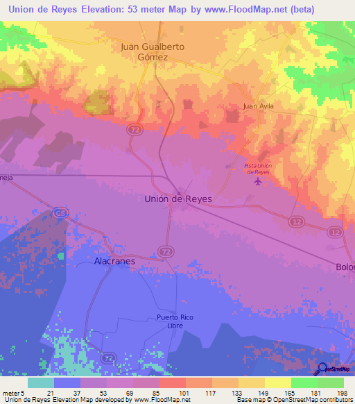 Union de Reyes,Cuba Elevation Map