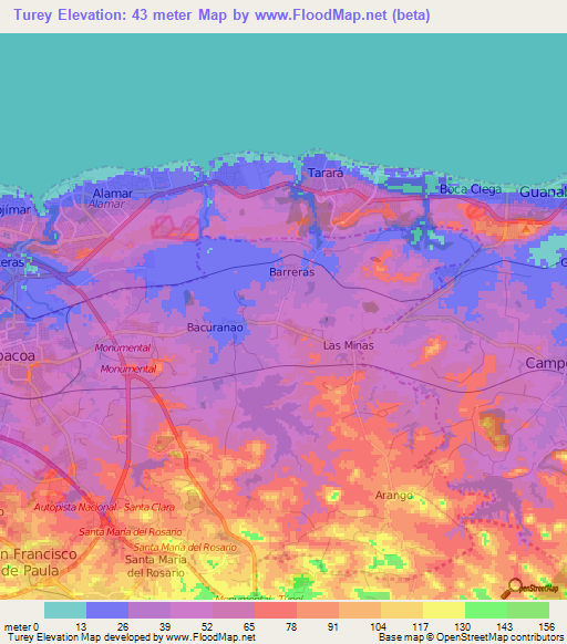 Turey,Cuba Elevation Map