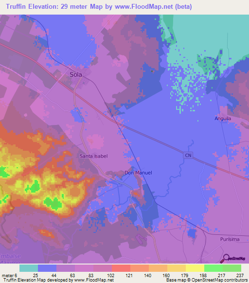 Truffin,Cuba Elevation Map