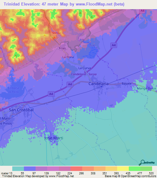 Trinidad,Cuba Elevation Map