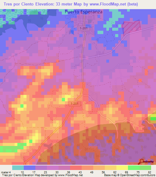 Tres por Ciento,Cuba Elevation Map