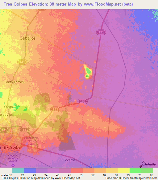 Tres Golpes,Cuba Elevation Map