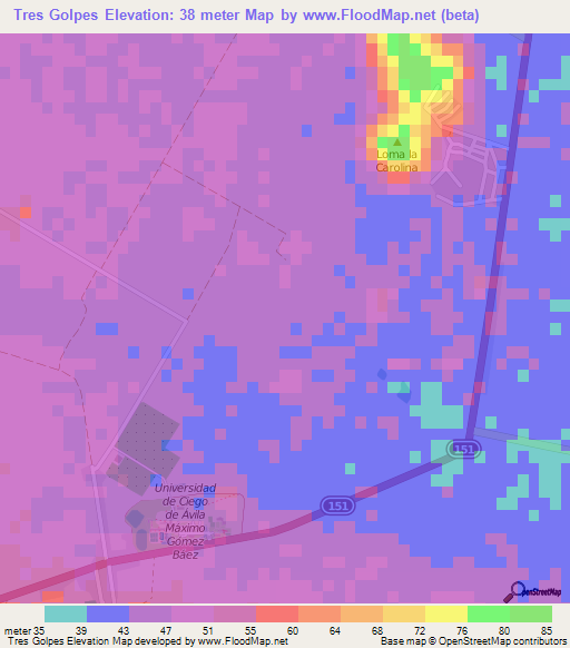 Tres Golpes,Cuba Elevation Map