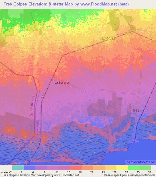 Tres Golpes,Cuba Elevation Map