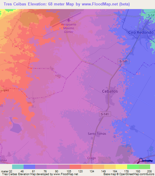 Tres Ceibas,Cuba Elevation Map