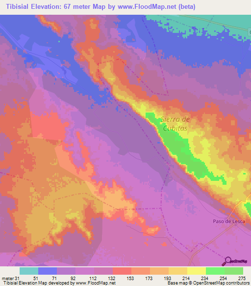 Tibisial,Cuba Elevation Map