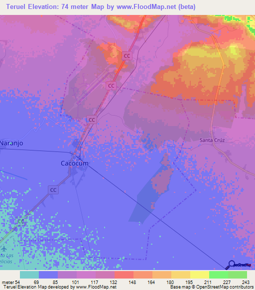 Teruel,Cuba Elevation Map