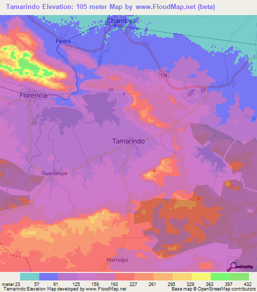 Tamarindo,Cuba Elevation Map