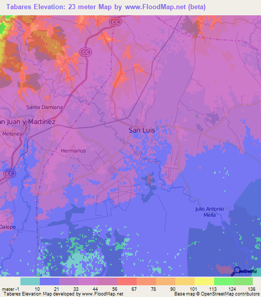 Tabares,Cuba Elevation Map