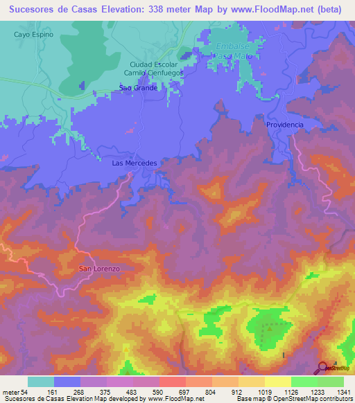 Sucesores de Casas,Cuba Elevation Map