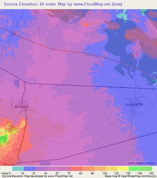 Sonora,Cuba Elevation Map
