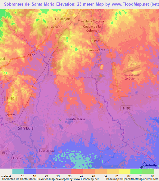 Sobrantes de Santa Maria,Cuba Elevation Map