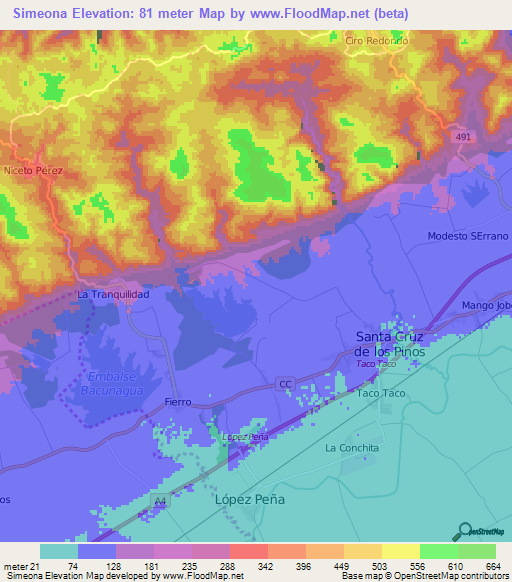 Simeona,Cuba Elevation Map