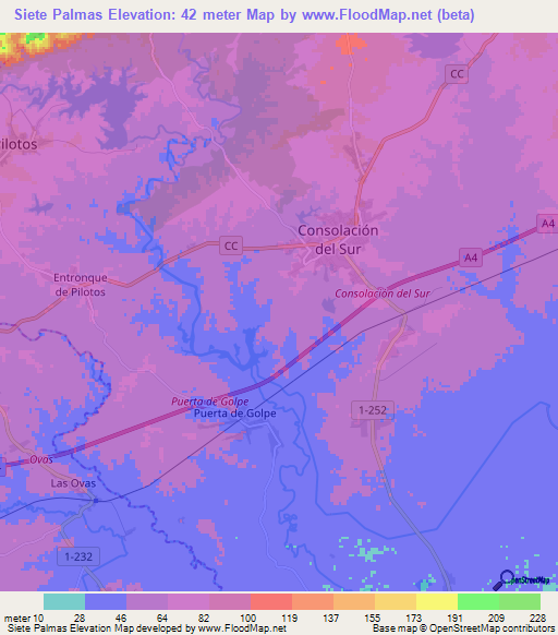 Siete Palmas,Cuba Elevation Map