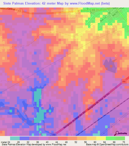 Siete Palmas,Cuba Elevation Map