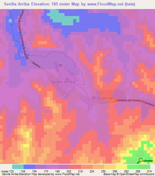 Sevilla Arriba,Cuba Elevation Map