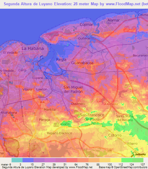 Segunda Altura de Luyano,Cuba Elevation Map