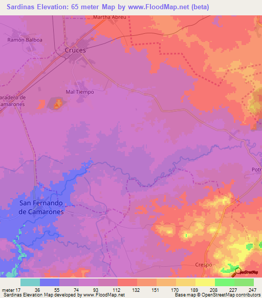 Sardinas,Cuba Elevation Map