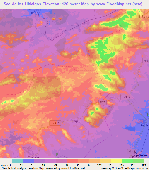 Sao de los Hidalgos,Cuba Elevation Map