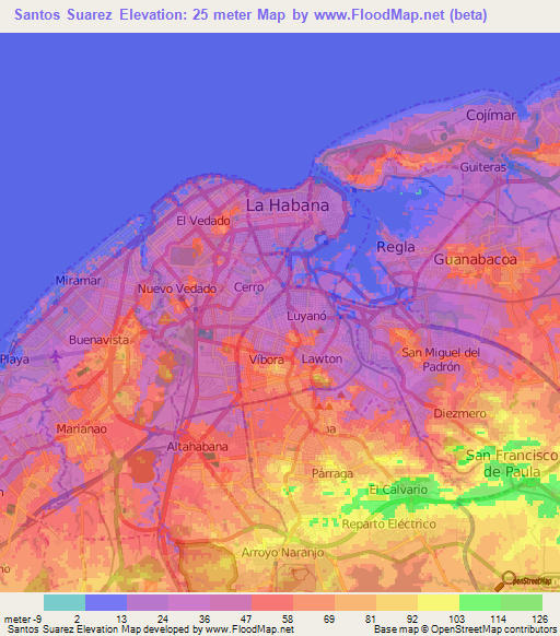 Santos Suarez,Cuba Elevation Map