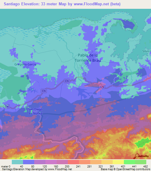 Santiago,Cuba Elevation Map
