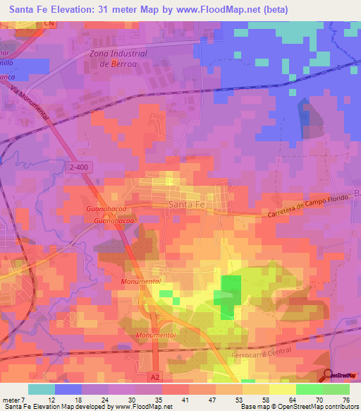 Santa Fe,Cuba Elevation Map