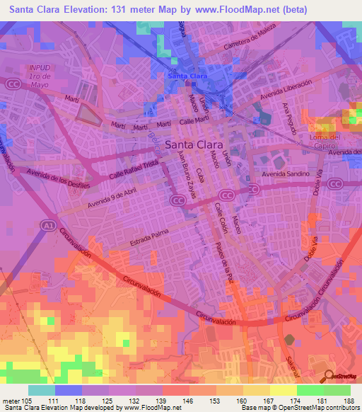 Santa Clara,Cuba Elevation Map