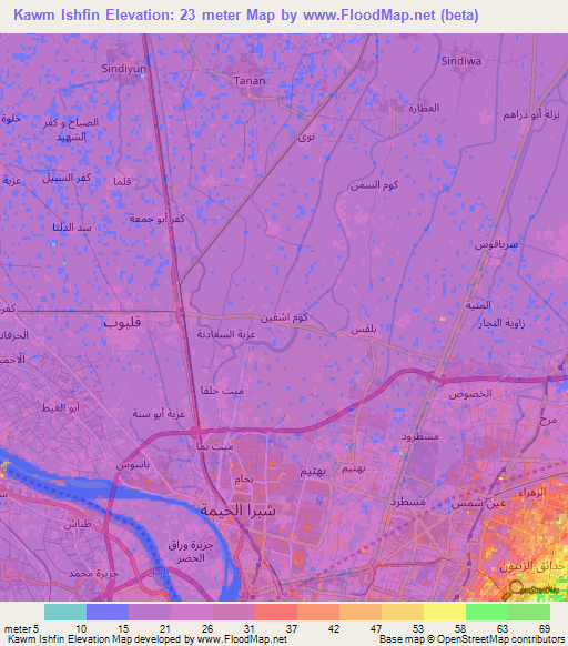 Kawm Ishfin,Egypt Elevation Map
