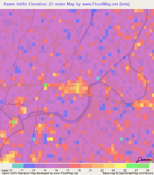 Kawm Ishfin,Egypt Elevation Map