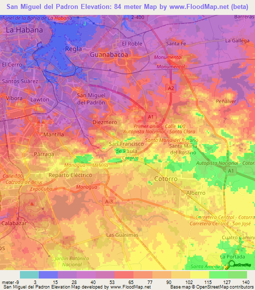 San Miguel del Padron,Cuba Elevation Map