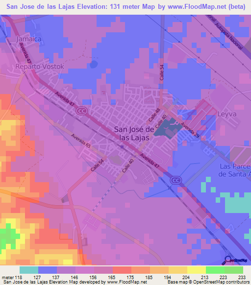 San Jose de las Lajas,Cuba Elevation Map