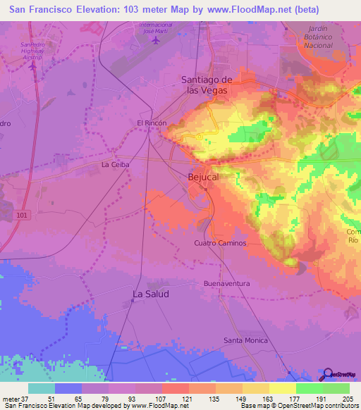 San Francisco,Cuba Elevation Map