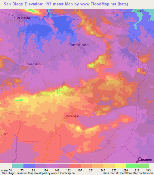 San Diego,Cuba Elevation Map