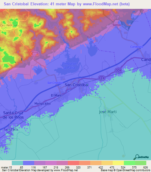 San Cristobal,Cuba Elevation Map