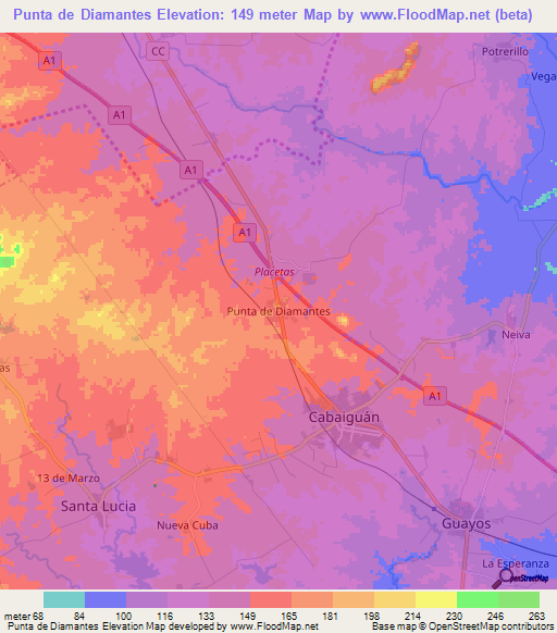 Punta de Diamantes,Cuba Elevation Map