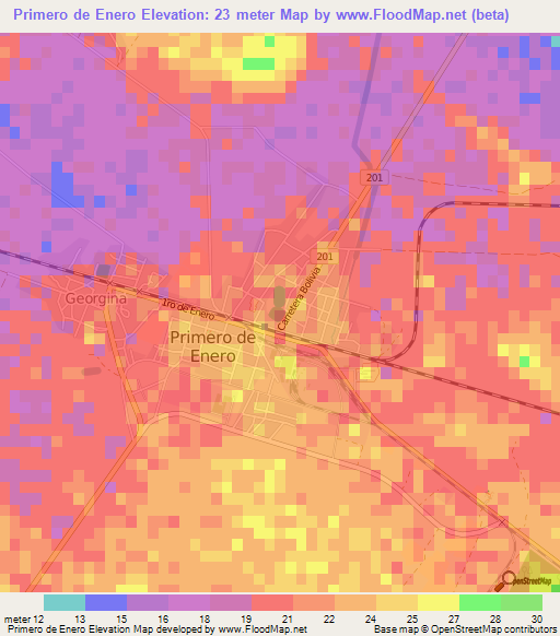 Primero de Enero,Cuba Elevation Map