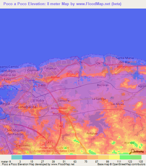Poco a Poco,Cuba Elevation Map