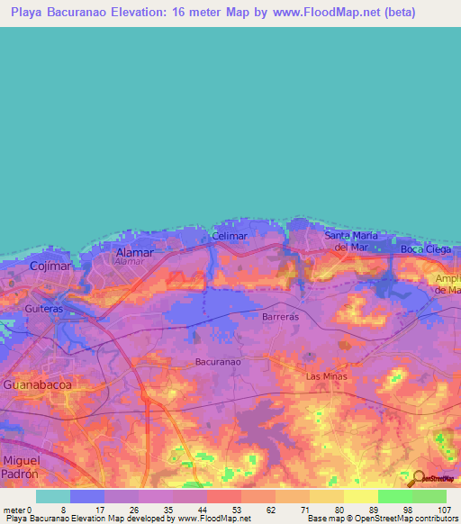 Playa Bacuranao,Cuba Elevation Map