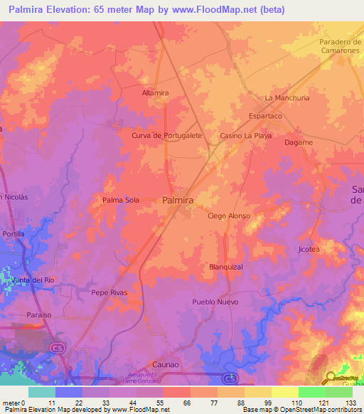 Palmira,Cuba Elevation Map