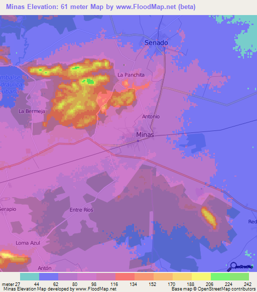 Minas,Cuba Elevation Map