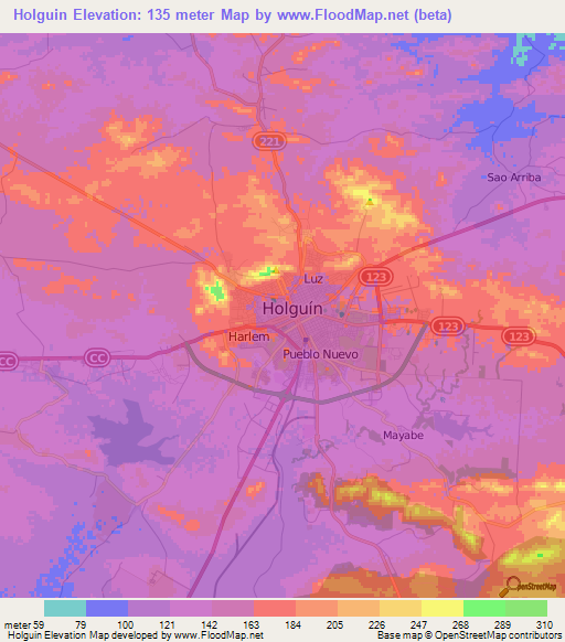 Holguin,Cuba Elevation Map
