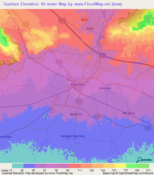 Gueines,Cuba Elevation Map