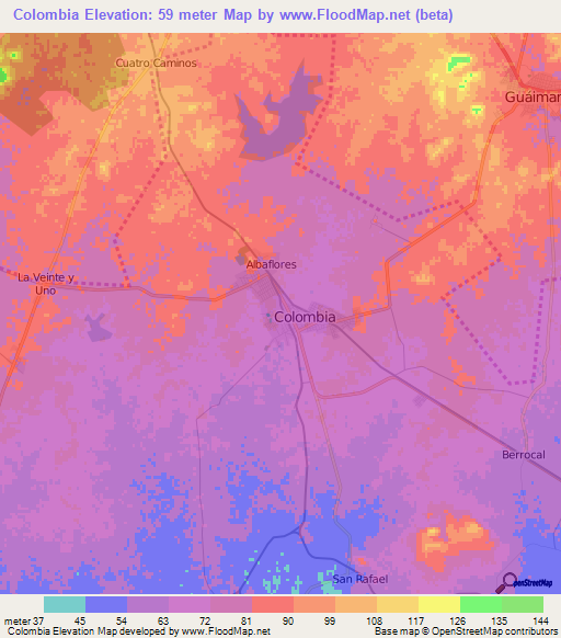 Colombia,Cuba Elevation Map
