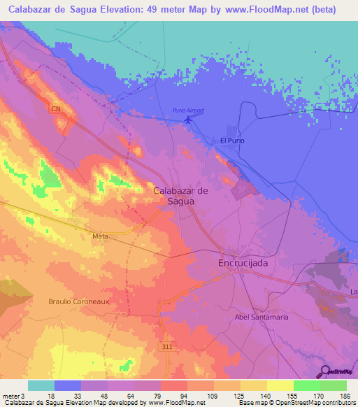 Calabazar de Sagua,Cuba Elevation Map
